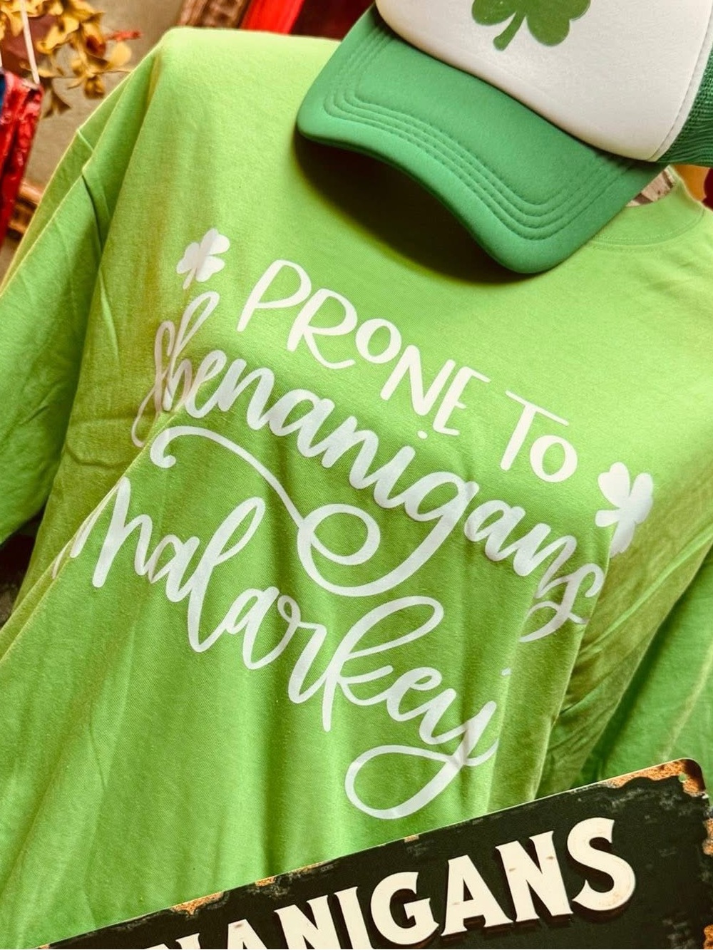 Prone to Shenanigans & Malarkey Green Graphic Tee - Cotton